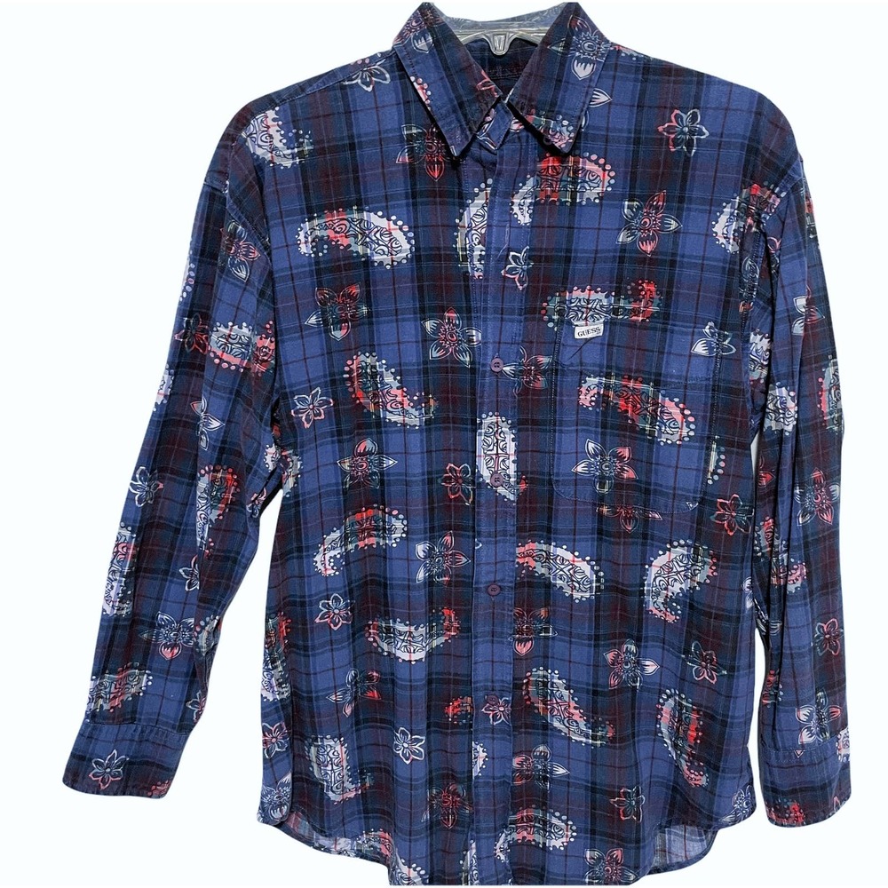 VTG Guess by Georges Marciano Men's Small Button Shirt ~ Plaid Floral & Paisley